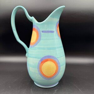 Vintage 2004 Gail Pittman Ceramic Pitcher With Abstract Circle Design Made In US